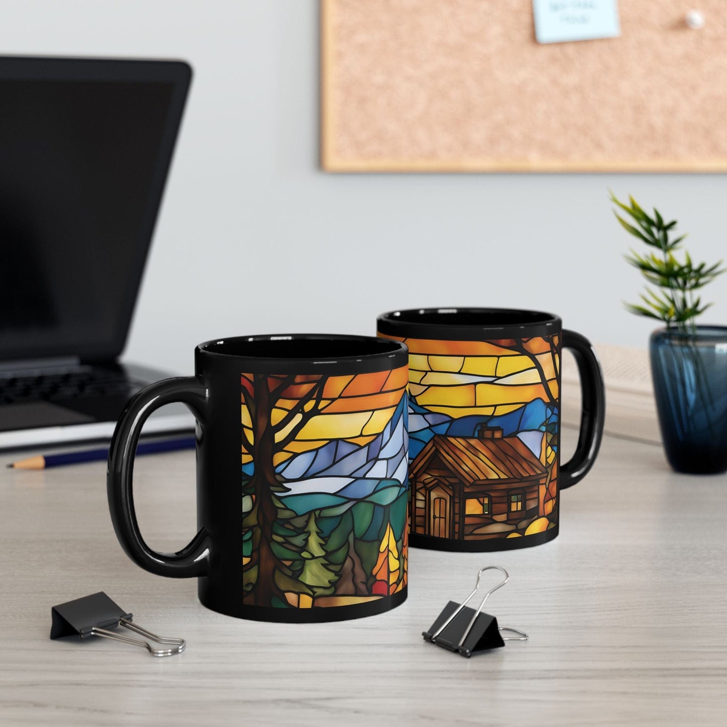 Stained Glass Cabin Mug – Cozy Mountain Retreat Art | Nature-Inspired Ceramic Coffee Cup