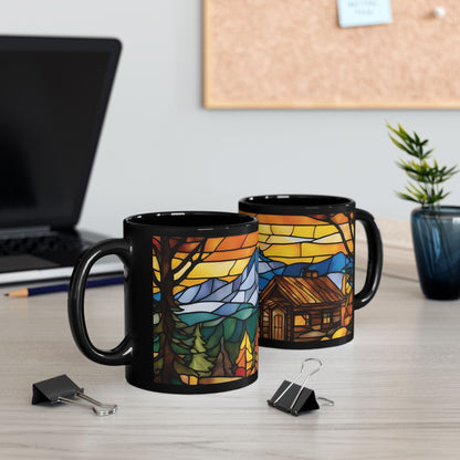 Stained Glass Cabin Mug – Cozy Mountain Retreat Art | Nature-Inspired Ceramic Coffee Cup