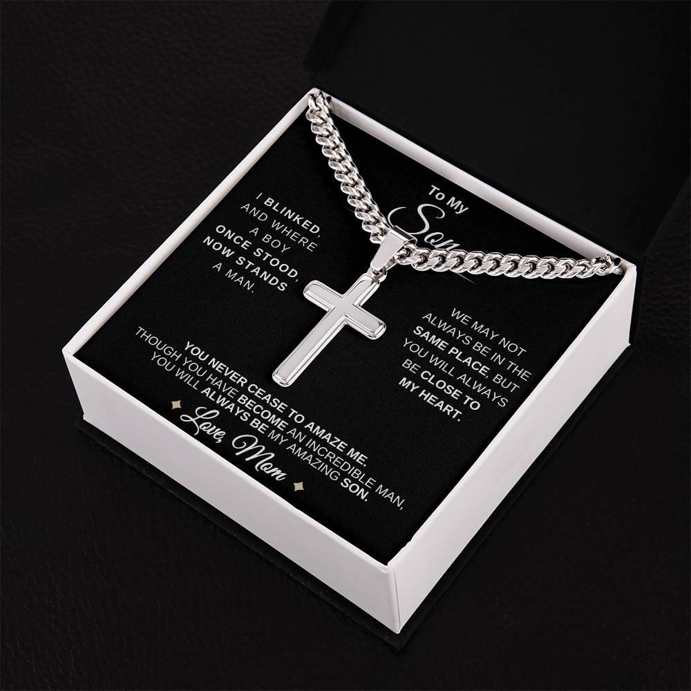 To My Son | From Mom With Love | Cuban Chain with Artisan Cross Necklace | 🎉FREE SHIPPING!🥳