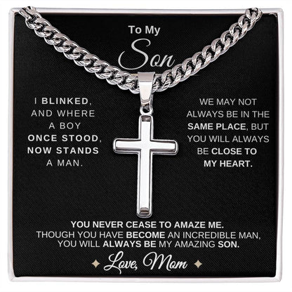 To My Son | From Mom With Love | Cuban Chain with Artisan Cross Necklace | 🎉FREE SHIPPING!🥳