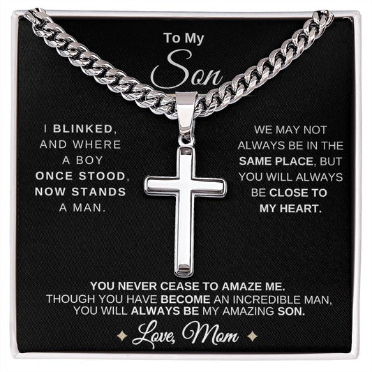 To My Son | From Mom With Love | Cuban Chain with Artisan Cross Necklace | 🎉FREE SHIPPING!🥳