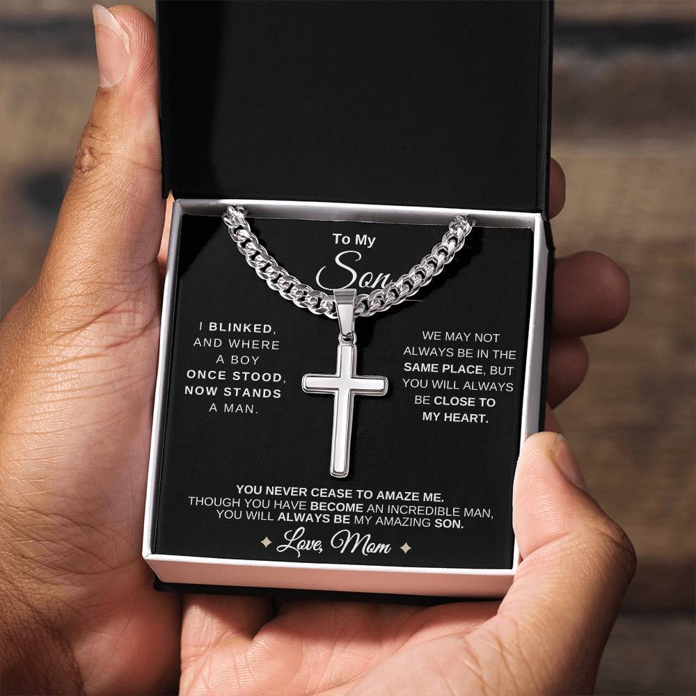 To My Son | From Mom With Love | Cuban Chain with Artisan Cross Necklace | 🎉FREE SHIPPING!🥳