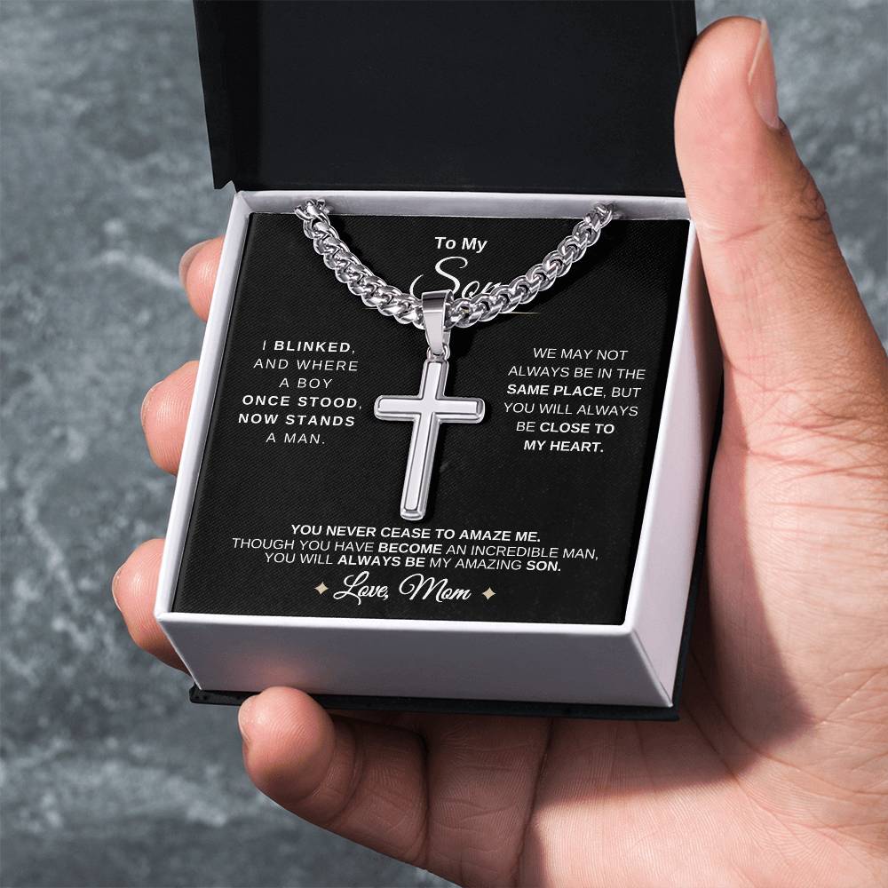 To My Son | From Mom With Love | Cuban Chain with Artisan Cross Necklace | 🎉FREE SHIPPING!🥳