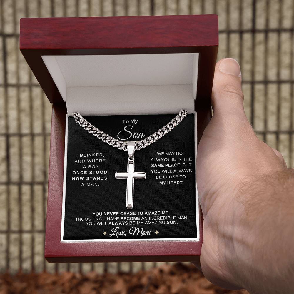 To My Son | From Mom With Love | Cuban Chain with Artisan Cross Necklace | 🎉FREE SHIPPING!🥳