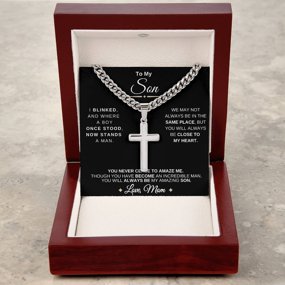 To My Son | From Mom With Love | Cuban Chain with Artisan Cross Necklace | 🎉FREE SHIPPING!🥳