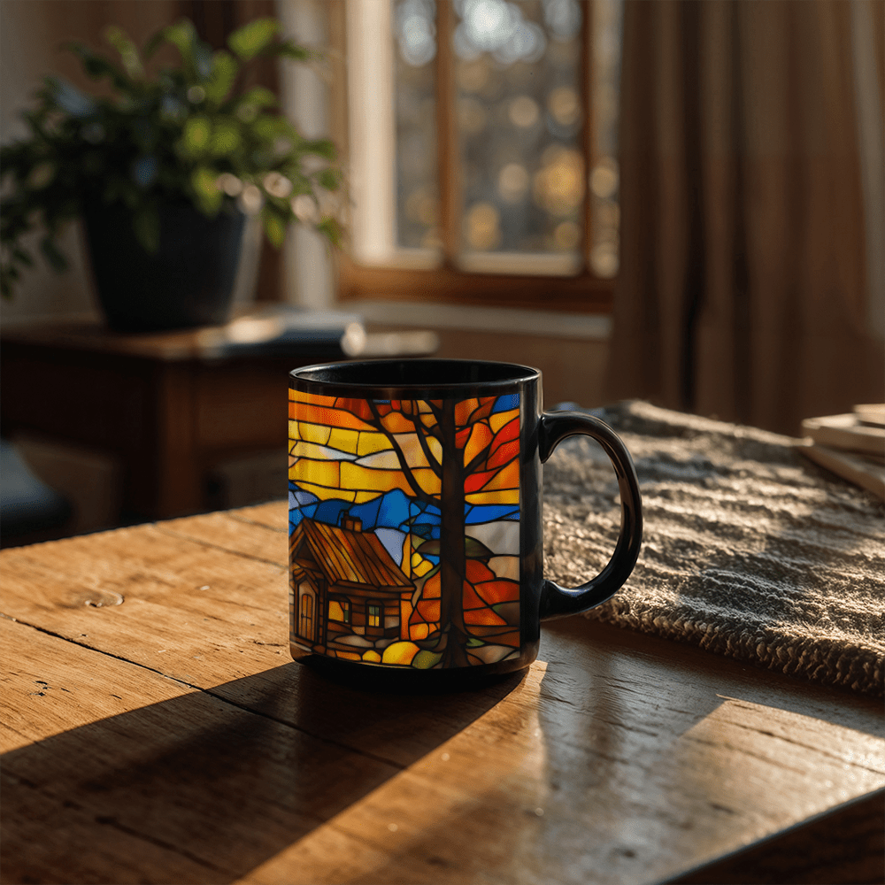 Stained Glass Cabin Mug – Cozy Mountain Retreat Art | Nature-Inspired Ceramic Coffee Cup