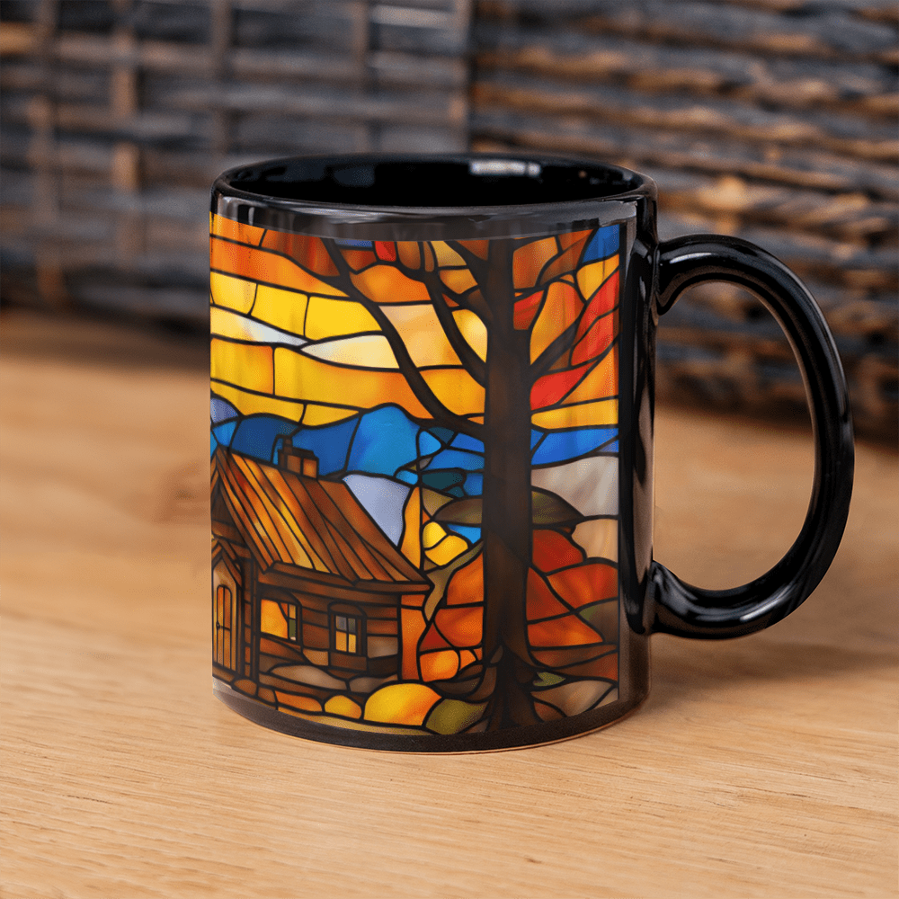 Stained Glass Cabin Mug – Cozy Mountain Retreat Art | Nature-Inspired Ceramic Coffee Cup