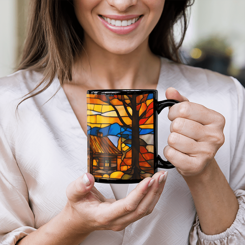 Stained Glass Cabin Mug – Cozy Mountain Retreat Art | Nature-Inspired Ceramic Coffee Cup