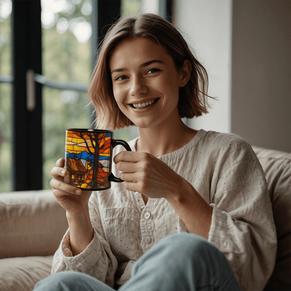 Stained Glass Cabin Mug – Cozy Mountain Retreat Art | Nature-Inspired Ceramic Coffee Cup